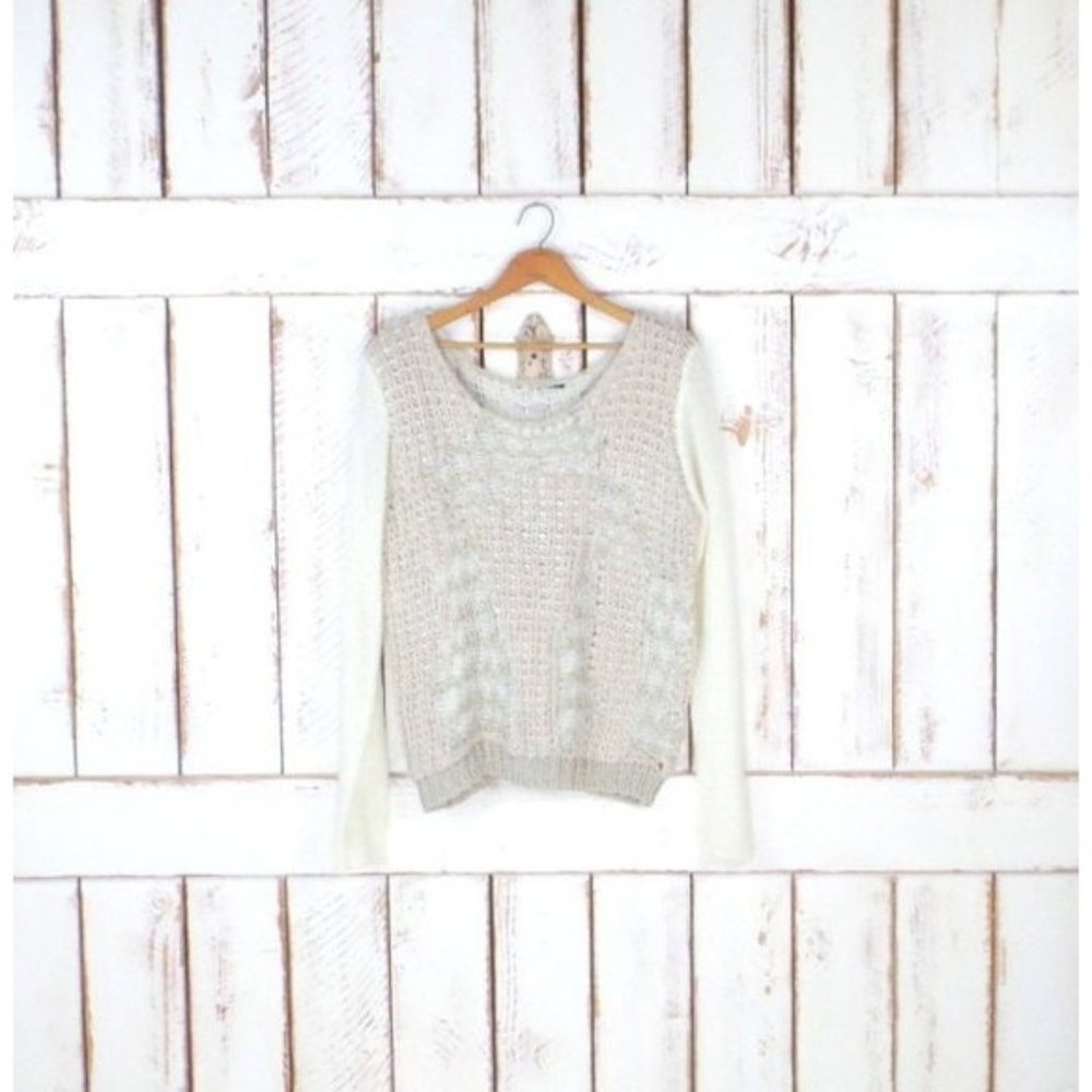 Vintage 90s ivory tan cotton woven knit slouchy pullover sweater crochet knit